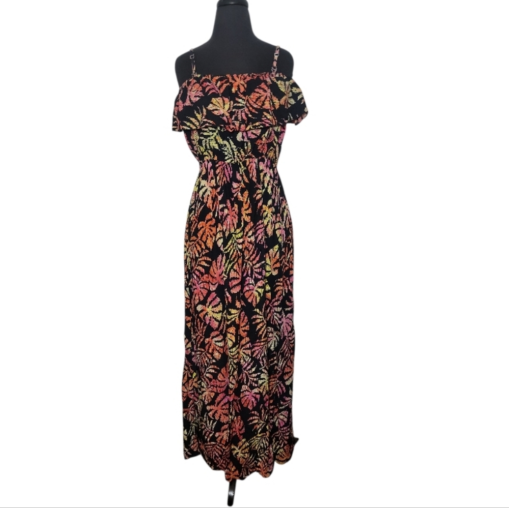 Blue ginger tropical leaf print speghetti strap maxi sundress size XL